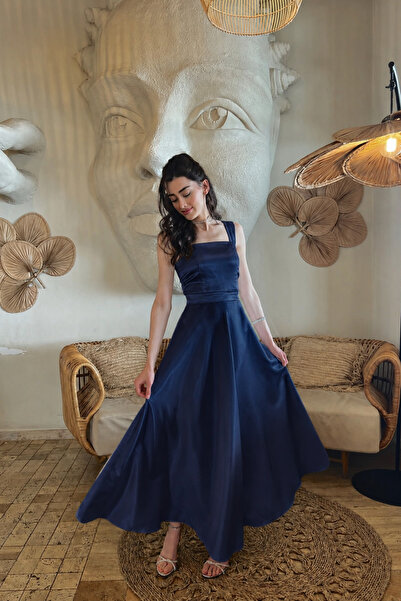 Nika Fashion Lacivert Saten Aura Elbise