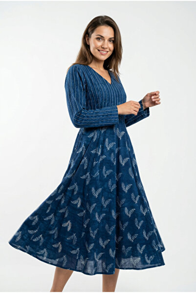OEM Rochie midi din bumbac imprimat manual Indigo