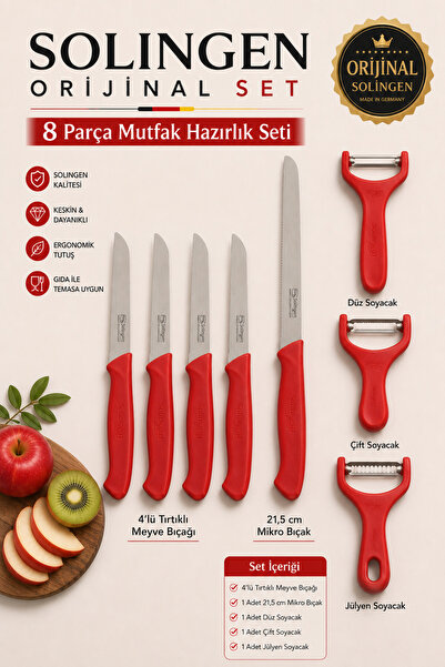 Solingen 8 Parça Kırmızı Mutfak Hazırlık Seti, 4’lü Tırtıklı Meyve Bıçağı, 21...