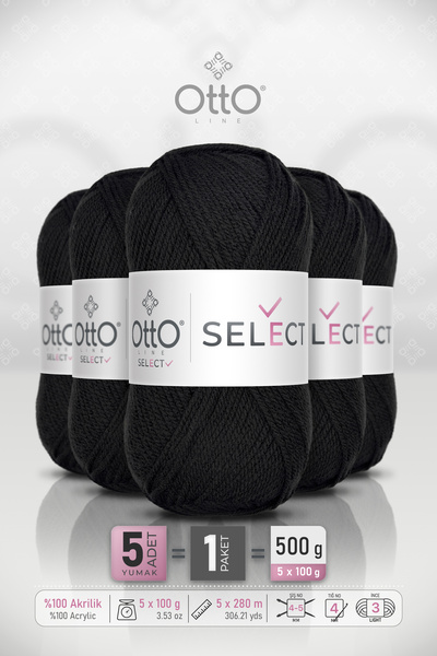 Otto Select - Black (9510) - 5-Pack - 100Gr/280M - Acrylic Hand Knitting Yarn...