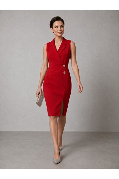 centilmen Velana Blazer Collar Accessory Buckle Slit Sleeveless Dress 8713