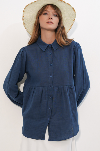 Merterium Women's Textured Oversize Linen Shirt 1841 - Navy Blue