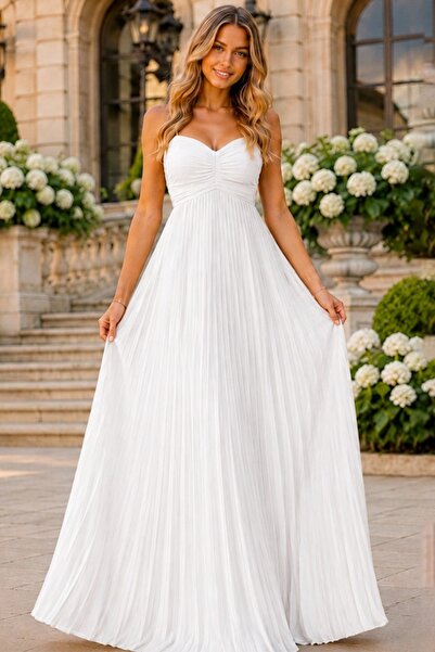 FashionForYou Μακρύ πλισέ φόρεμα NYSA UNI, με δέσιμο στην πλάτη, Λευκό