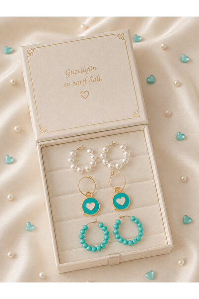 Yağmur Women's Heart-Shaped Pearl Earring Set, 3-Piece Set, Turquoise and Whi...