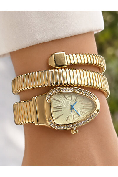 Merand Gold Color Yellow Dial Snake Watch, Wrap Around Watch, Women's Wristwatch