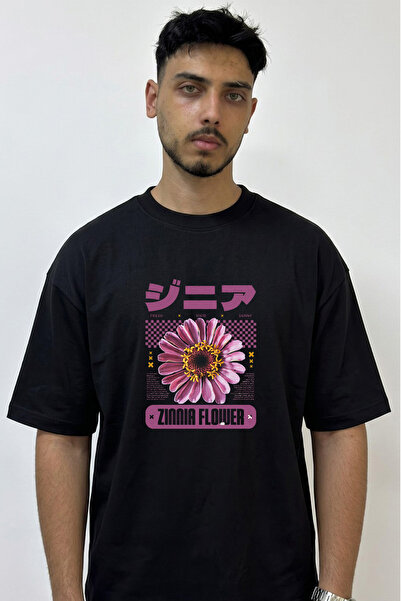 Anetos Zinnia Flower Design Printed Oversize Black T-Shirt