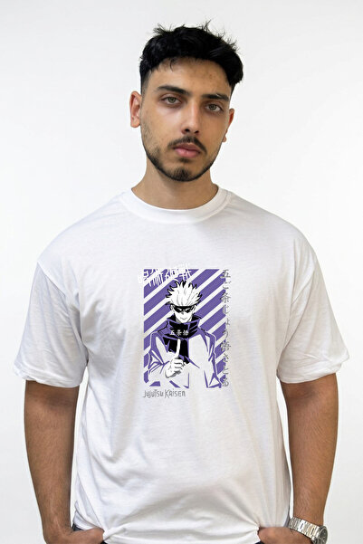 Anetos Gojo Satoru Jujutsu Kaisen Design Printed Oversize White T-Shirt