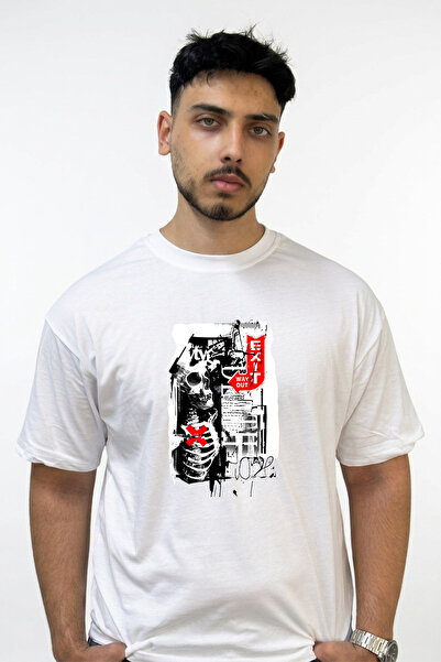 Anetos Skull Exit Design Printed Oversize White T-Shirt