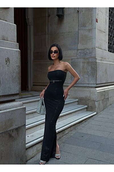 sajarsln Double Zipper Strapless Glittery Fish Maxi Dress Wedding Graduation