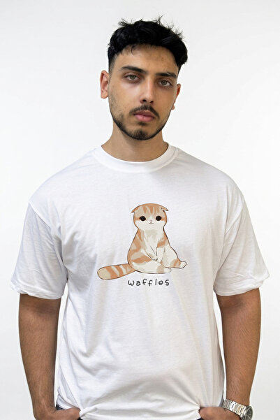 Anetos Waffles Scottish Fold Design Printed Oversize White T-Shirt
