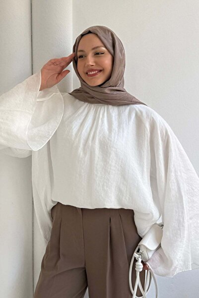 Modaensarbutik Kol Salaş Yaka Büzgülü Modal Tül Gömlek-BEYAZ