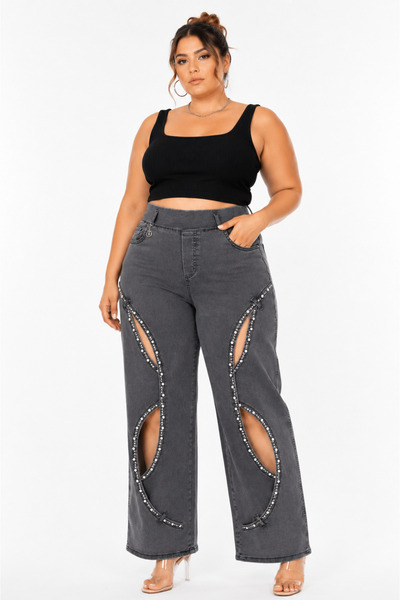 ZANESSİ FASHION Plus Size Denim Stoned High Waist Window Detailed Wide Leg Wo...