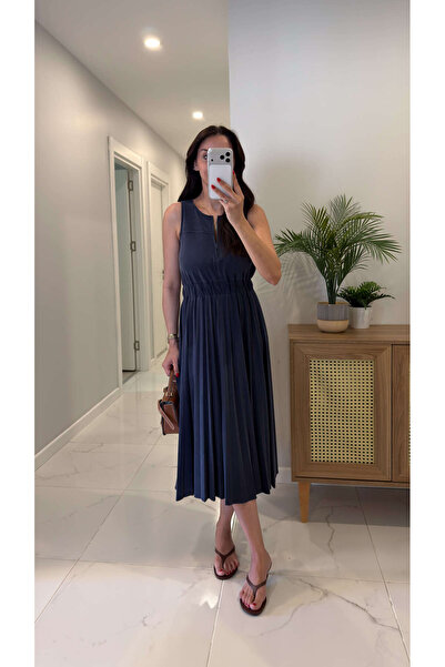 BİRCANÇİL Heranna Navy Blue Zipper Detailed Modal Dress