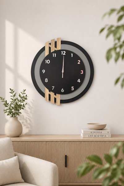 Nixar Desing Nordic Line 2 Premium Ahşap Duvar Saati 43 cm | Modern Dekoratif Salon Saati | Sessiz Mekanizmalı MDF İskandinav Tasarım