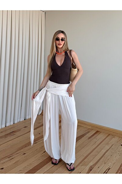 Laluvia Ecru Belted Shalwar Trousers - 40601