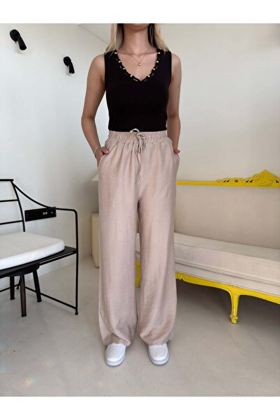 Bade Butik Beige wide leg linen trousers