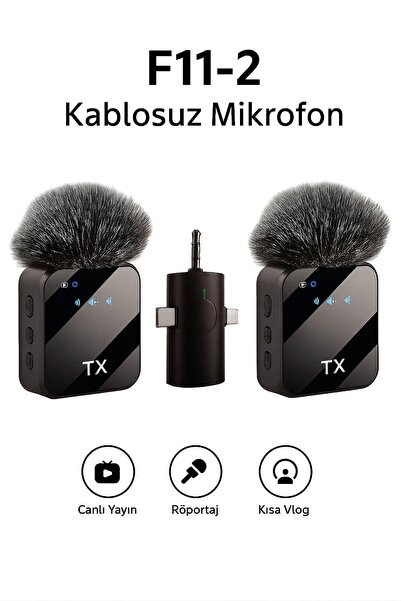 WANNA PROTECT F11-2 Kablosuz Profesyonel Yaka Mikrofonu 2'li Type-C Alıcılı G...