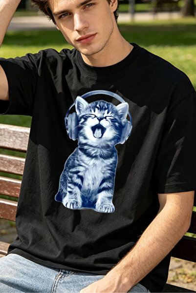 Fleck Cute Cat With Headphones T Shirts For Men Kitten Listening To Music Per...