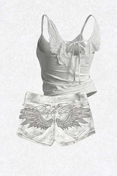 BALİNA White Angel Wing Croap Embroidered Denim Shorts Double Set -Thesolo