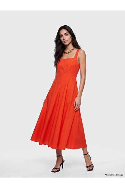 LC Waikiki Peak New Season Square Neck A-Line Pleated Poplin Dress