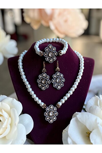 FAYRA ACCESSORIES Zirkon Taşlı Otantik Tasarım İnci Kolye Küpe ve İnci Bilekl...