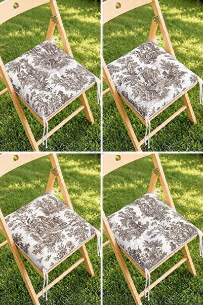 Home 4’lü Kahverengi Pastoral Sahne Desenli Bağcıklı Pofidik Sandalye Minderi...