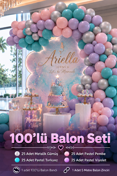 Hey Parti Mermaid Themed 100 Balloon Set – Pastel Turquoise, Pink, Violet & M...