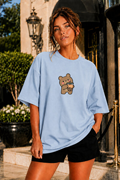 FECCY Premium Coffee Drinking Bear Printed Theme Unisex Oversize Women's T-Sh...
