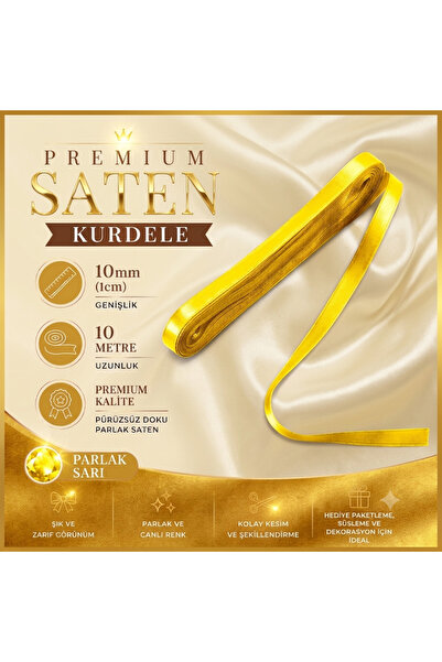 edalle Sarı Saten Kurdele 1 Cm 10 Metre, Özel Gün Hediye Süsleme Kurdelesi