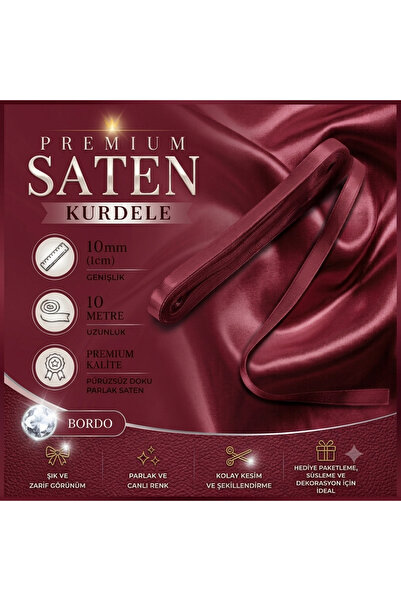 edalle Bordo Saten Kurdele 1 Cm 10 Metre, Özel Gün Hediye Süsleme Kurdelesi