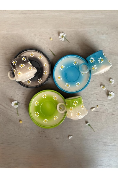Artistic Quality Decorative Daisy Embroidered Colorful Tea-Coffee Cup 6 Pieces