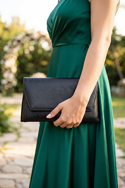 Erkan Saçmacı Black Vegan Chain Strap Double Compartment Evening Dress Clutch...