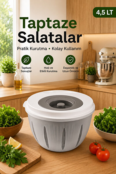 Sariva Home Büyük Boy Salata Kurutucu 4,5 L Çevir Kurut Yeşillik Süzgeci Sebz...