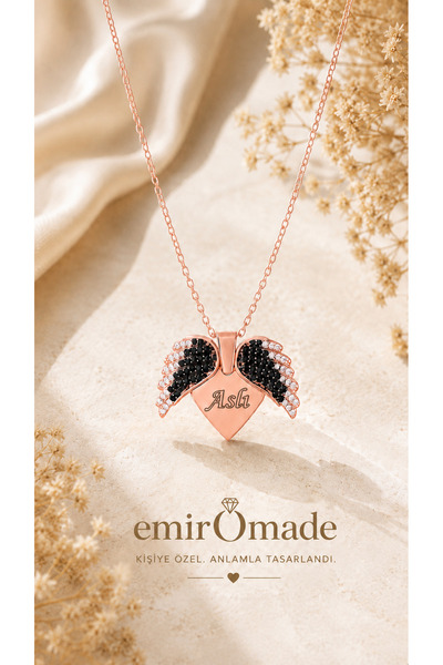 emirOmade 925 Ayar Gümüş Kişiye Özel İsimli Kalp Üzeri İsim Yazılı Melek Kana...