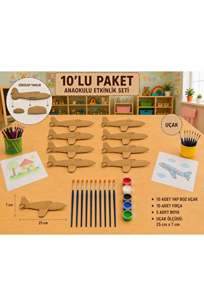 WoodStory Ahşap Boyanabilir Uçak Maketi 10'lu Set | Montessori Etkinlik Boyam...