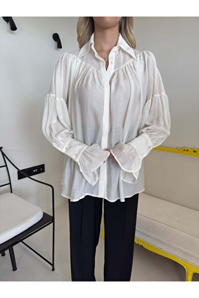 Bade Butik Ecru Gathered Sleeve Detailed Shirt