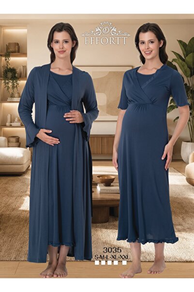EM&FA TEKSTİL Pregnant Women's Breastfeeding Detailed Nightgown Set with Dres...