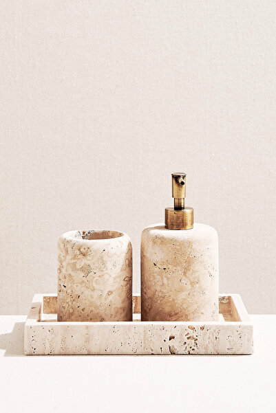 Paşabahçe Natural Travertine Bathroom Set of 3, Stylish Bathroom Set