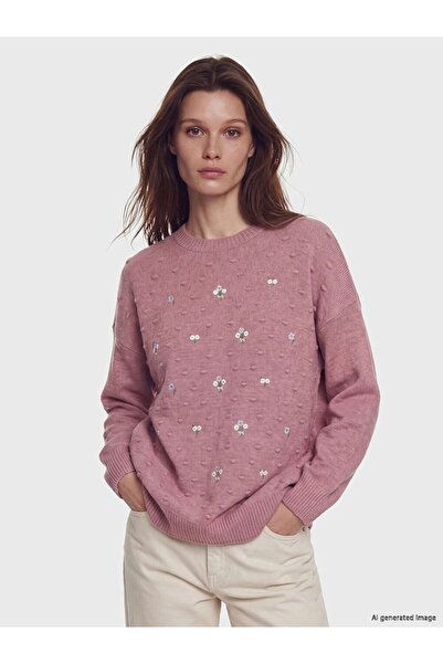 LC Waikiki Lcw Modest Pink Crew Neck Floral Embroidered Women's Knitwear Tunic