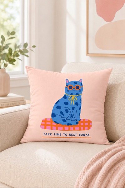 Evmila Husă de pernă decorativă cu imprimeu cu text Blue Cat, roz, decor mode...
