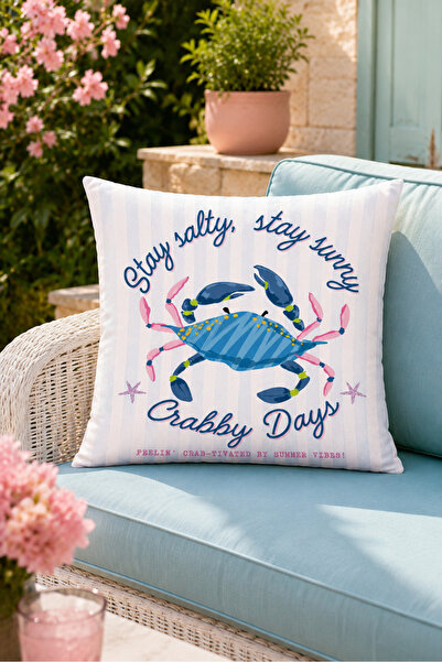 Evmila Crabby Days Blue Crab Text Printed Decorative Throw Pillow Cover Marin...