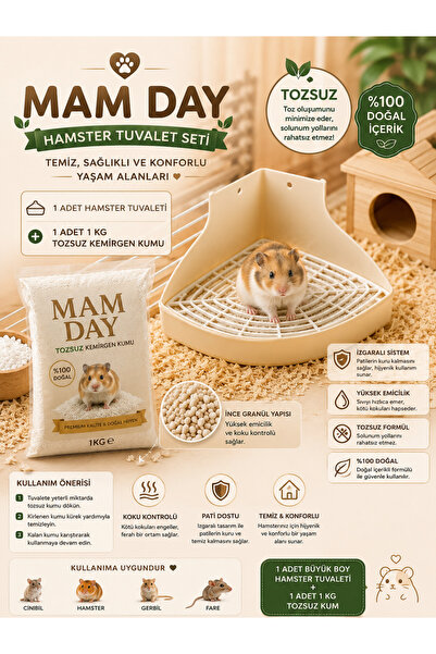 Mam Day Premium Hamster Tuvalet Kabı ve Tuvalet Kumu 1 Kg. Kemirgen Kumu Set