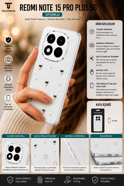 TechTrove Redmi Note 15 Pro Plus 5G Uyumlu Şeffaf ve Simli Darbe Emici Kamera...