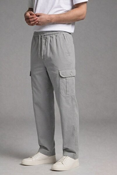 DAMGA JEANS Men's Gray Cargo Linen Trousers with Elastic Waist