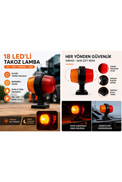 Genel Markalar 18 LED'li Neon Takoz Lamba Çift Taraflı Kırmızı Sarı 12V-24V D...