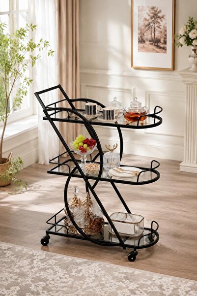 Generic Serving Cart with Black Sculpted Geometric Frame and 3 Glass Tiers.