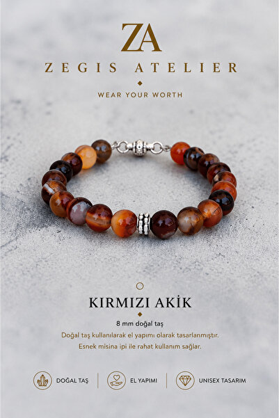 Zegisatelier 8 mm Kırmızı Karnelyan Akik Taşı Doğal Taş Bileklik
