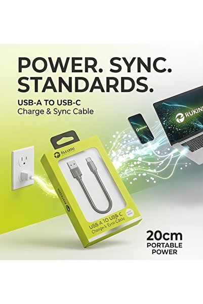 Rukini USB-A to USB-C Short Charge & Sync Cable (20cm/0.66ft) | High-Speed Ra...