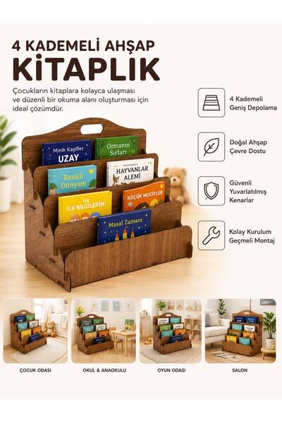 AR&MA WOOD Montessori 4 Raflı Ahşap Mini Kitaplık -Çocuk Odası Kitaplık - Mas...
