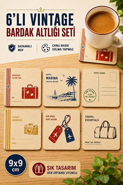 UNT Vintage Travel Set of 6 Mdf Coasters |   Retro Travel Themed 9X9 cm